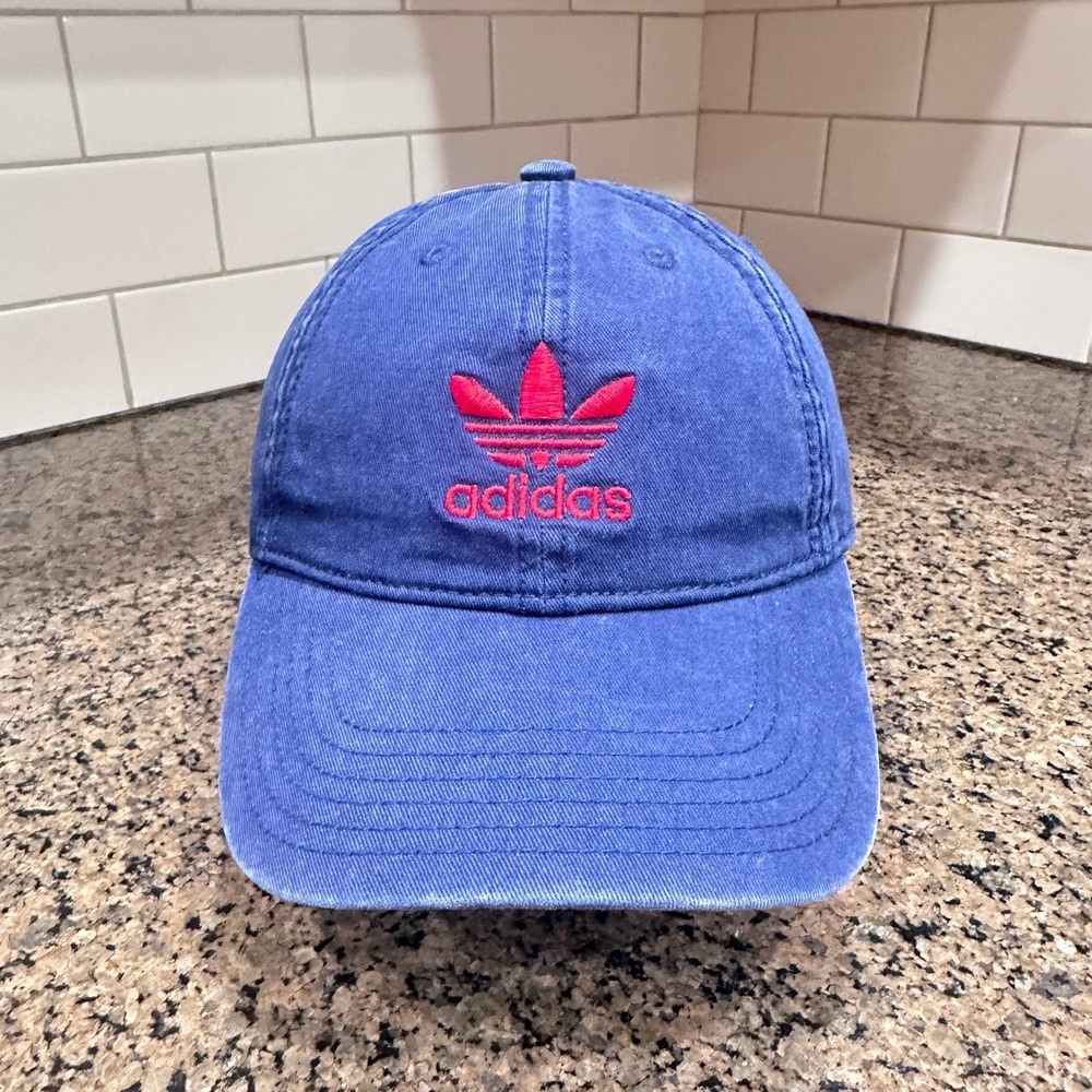 Adidas Trefoil Baseball Cap Hat Strap Back Blue Red Logo Cotton